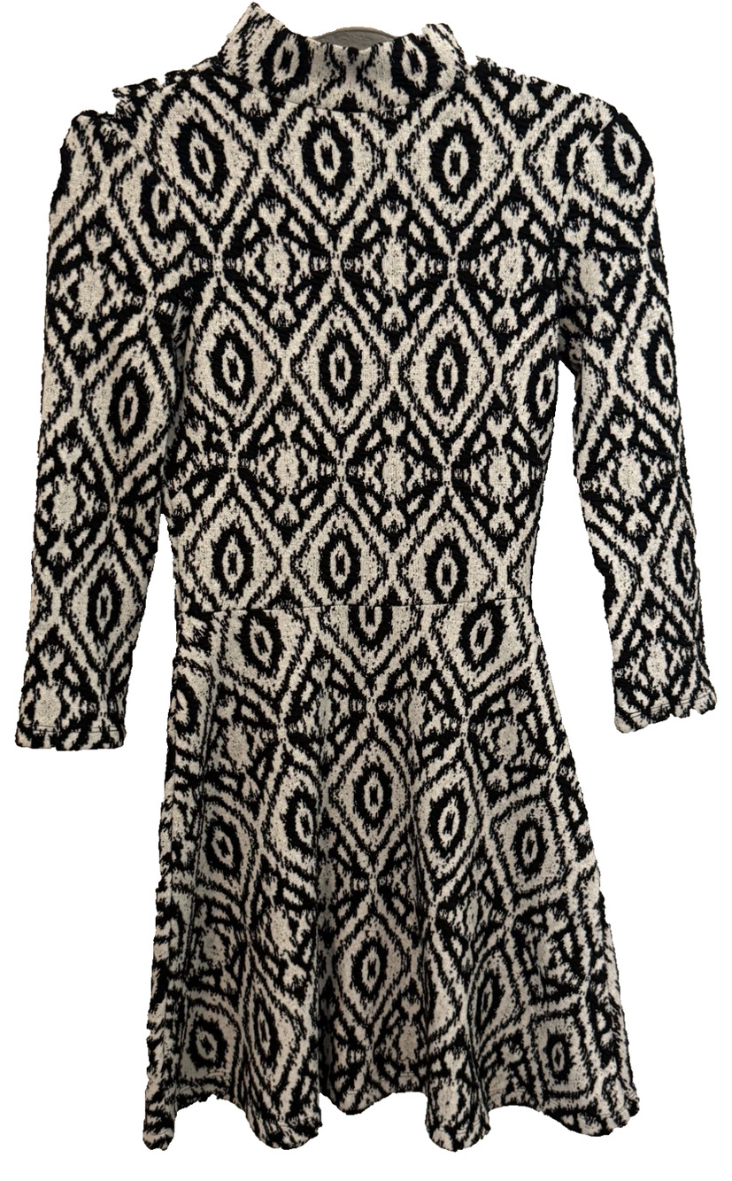 H&M Long Sleeve Black White Pattern Dress Mock Neck Cozy Holiday Size Small